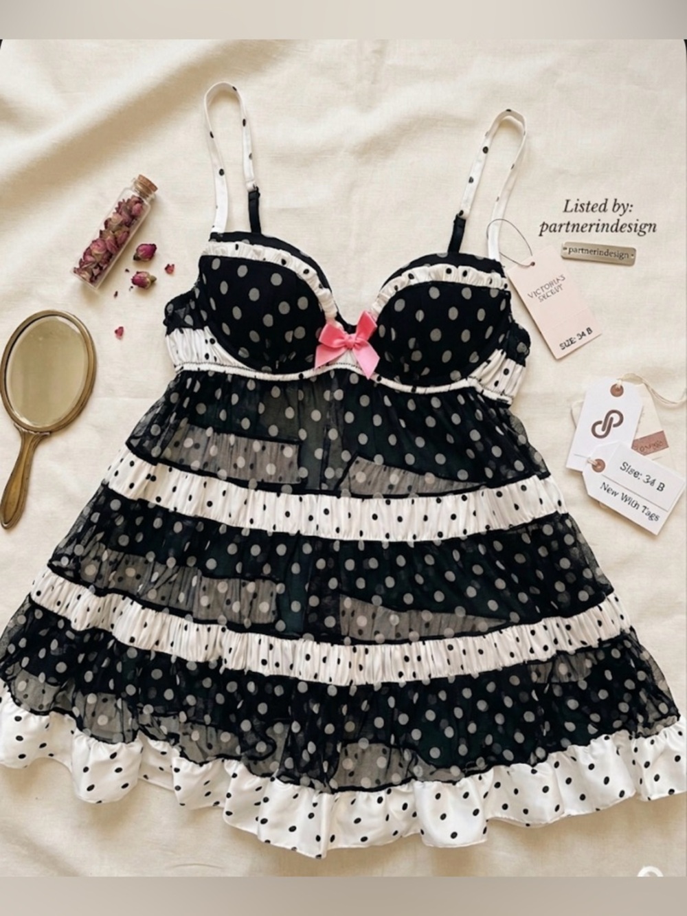 NWT Victoria's Secret Black and White Polka Dot Babydoll with Pink Bow 34 B